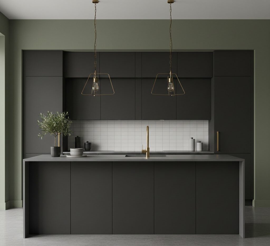 Nowoczesna kuchnia. Ściany pomalowane na kolor zgaszonej oliwki Nowoczesna kuchnia. Ściany pomalowane na kolor zgaszonej oliwki