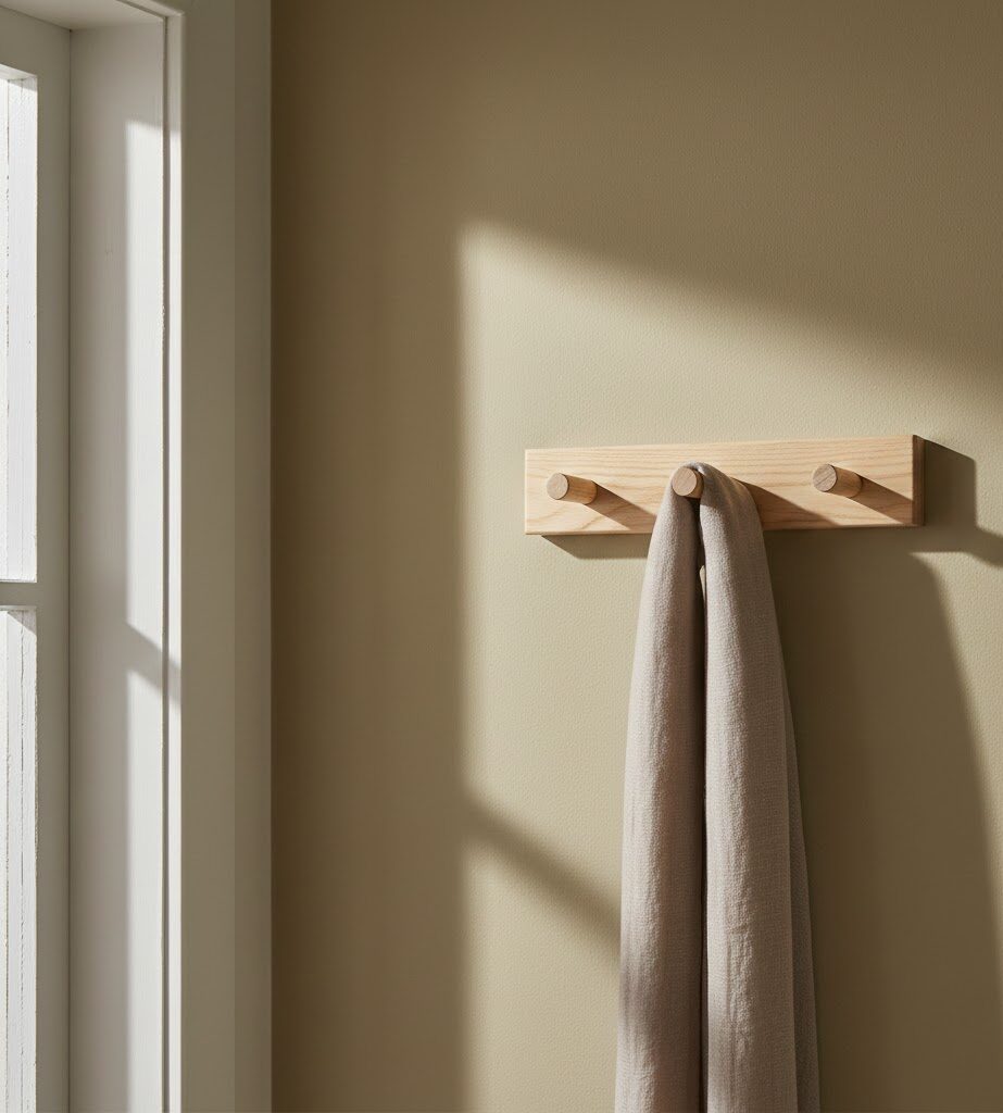 Zbliżenie na ścianę w przedpokoju w kolorze ciepłego piasku Zbliżenie na ścianę w przedpokoju w kolorze ciepłego piasku