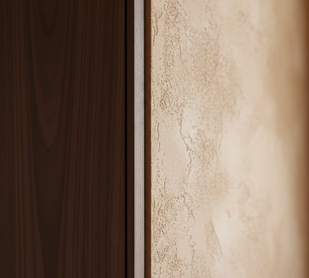 Zbliżenie na styk szafki kuchennej i ściany Zbliżenie na styk szafki kuchennej i ściany