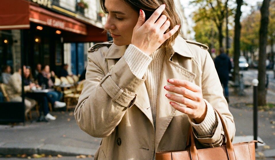 Kobieta poprawiająca włosy lub trzymająca torebkę. Widać jej dłonie z paznokciami w stylu French z czerwonymi końcówkami (Red French). Stylizacja jest codzienna, ale szykowna.