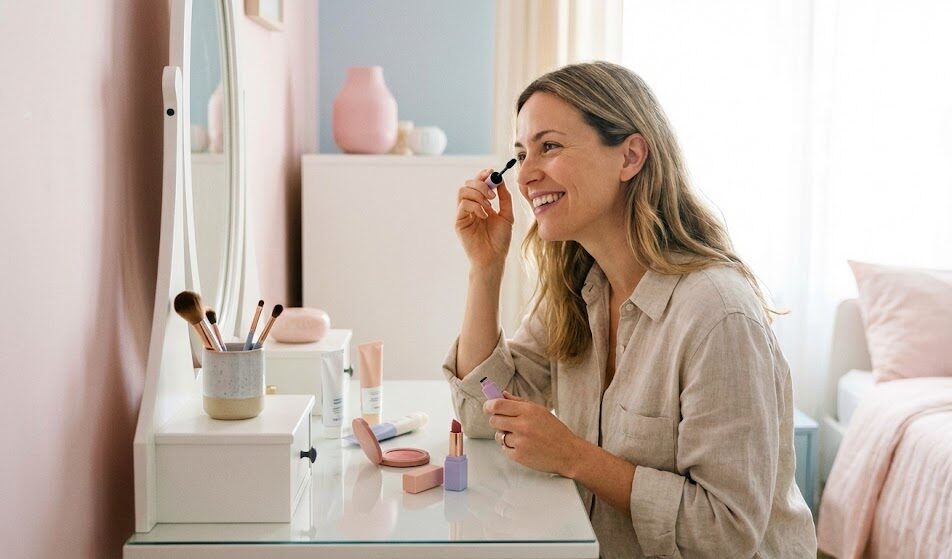 Kobieta przy toaletce, uśmiechnięta, kończąca szybki makijaż poranny. Kobieta przy toaletce, uśmiechnięta, kończąca szybki makijaż poranny.