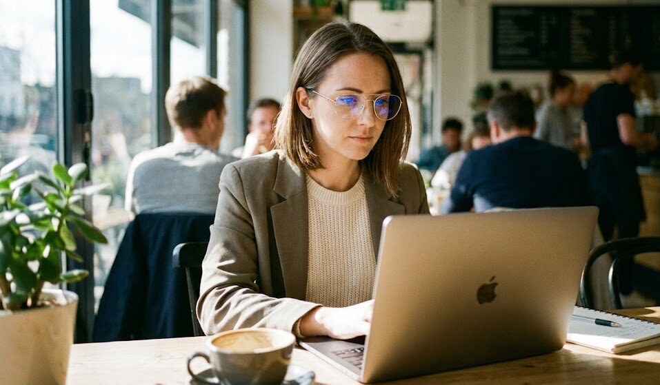 Kobieta w kawiarni pracująca na laptopie. Ma na sobie modne, metalowe okulary zerówki z filtrem światła niebieskiego. Wygląda profesjonalnie i stylowo. Kobieta w kawiarni pracująca na laptopie. Ma na sobie modne, metalowe okulary zerówki z filtrem światła niebieskiego. Wygląda profesjonalnie i stylowo.