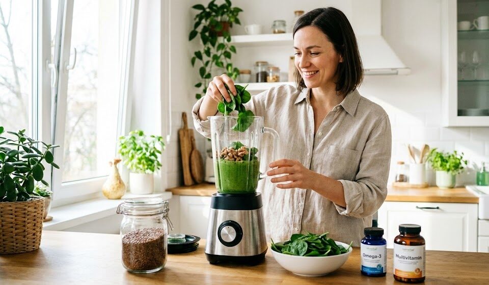 Kobieta w kuchni przygotowująca zdrowy koktajl (smoothie) ze szpinakiem, orzechami i siemieniem lnianym.