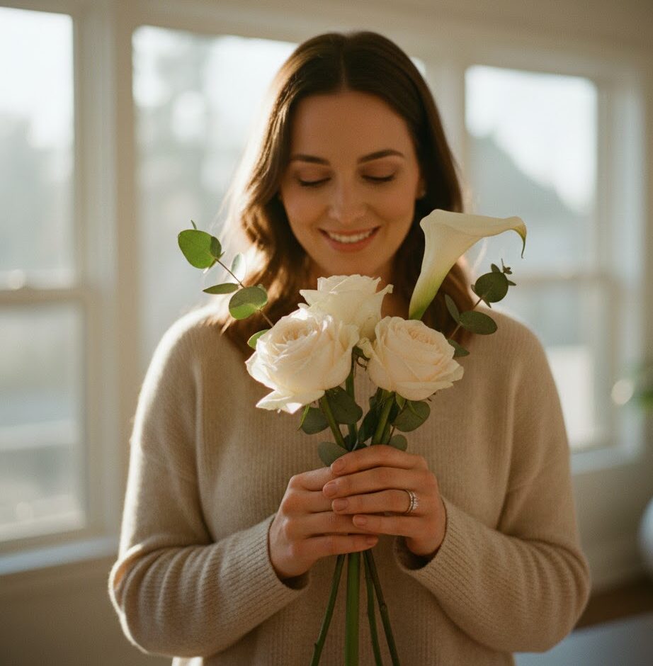 Kobieta w naturalnym świetle, trzymająca w dłoniach minimalistyczny bukiet Kobieta w naturalnym świetle, trzymająca w dłoniach minimalistyczny bukiet