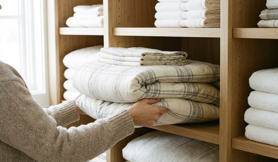 Osoba wyjmująca świeżą, wypraną pościel flanelową z szafy. Pościel jest ładnie złożona. Osoba wyjmująca świeżą, wypraną pościel flanelową z szafy. Pościel jest ładnie złożona.