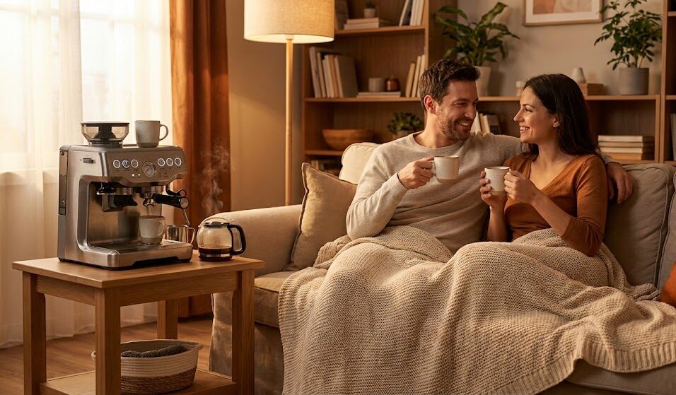Para siedząca na kanapie pod jednym kocem, oglądająca film na rzutniku lub pijąca kawę z nowego ekspresu.