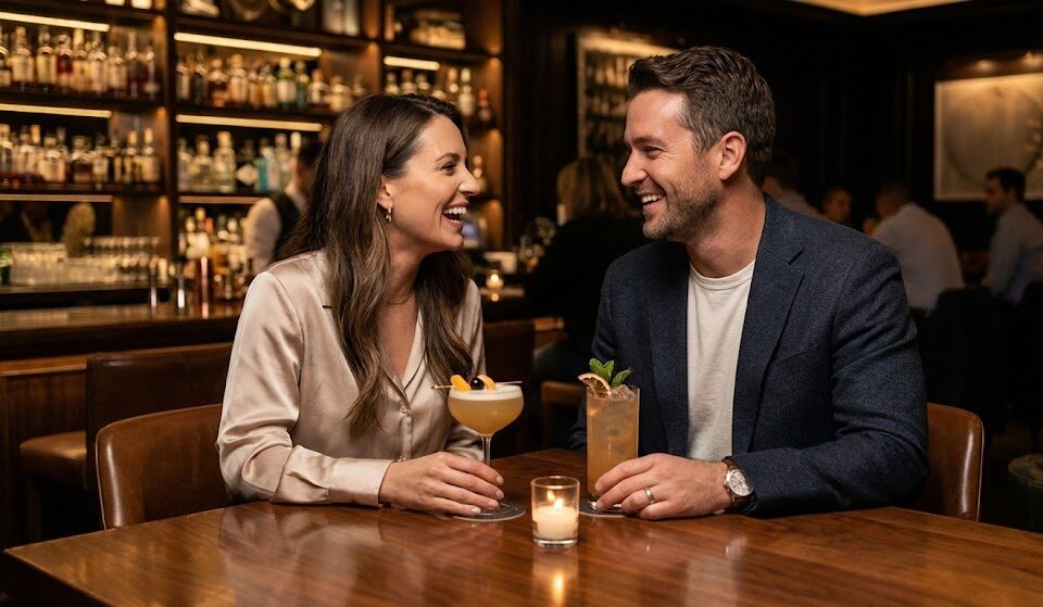 Para siedząca w eleganckim barze, patrząca sobie w oczy i śmiejąca się. Widać drinki na stole. Para siedząca w eleganckim barze, patrząca sobie w oczy i śmiejąca się. Widać drinki na stole.