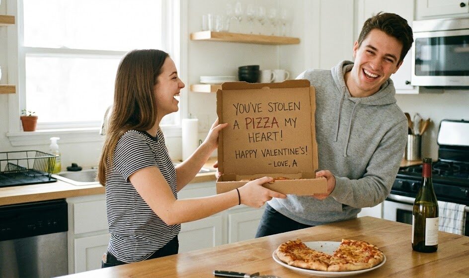Para w kuchni. Dziewczyna wręcza chłopakowi pudełko z pizzą