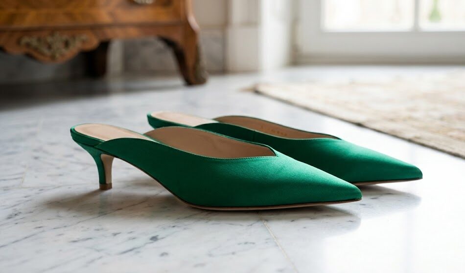 Zbliżenie na klapki typu Mule na niskim obcasie (kaczuszce)