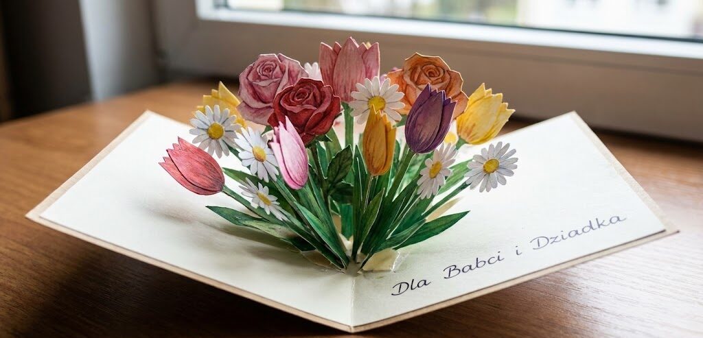 Zbliżenie na laurkę 3D z papierowymi kwiatami