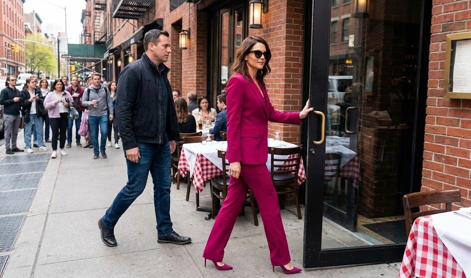 Para wchodząca do restauracji. Kobieta ma na sobie damski garnitur w kolorze fuksji i pewnym krokiem idzie przed partnerem.