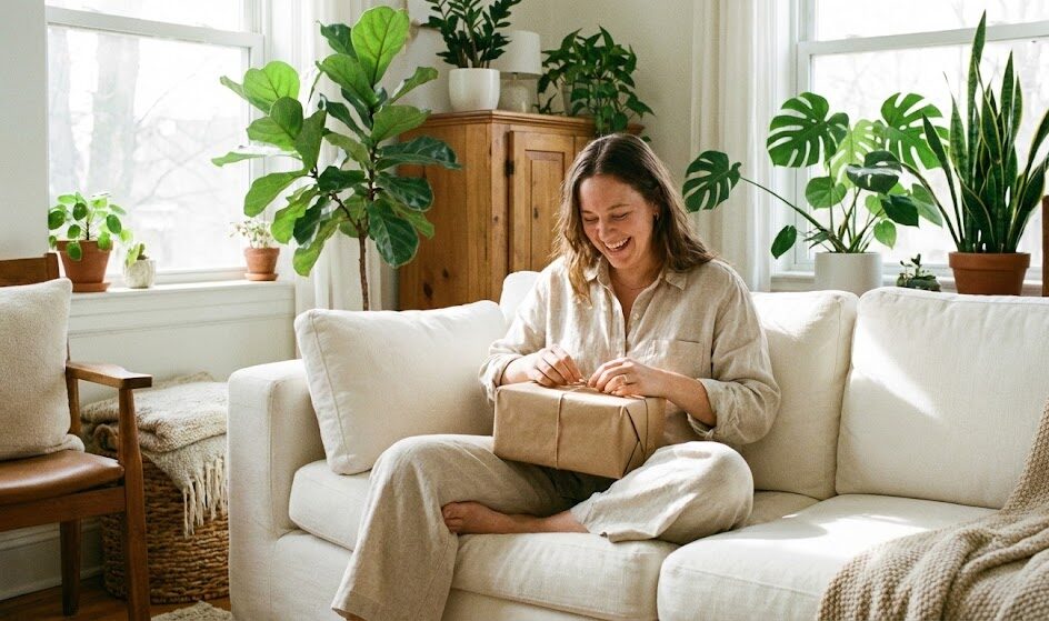 Uśmiechnięta kobieta w wygodnym, lnianym ubraniu, siedząca w jasnym wnętrzu i otwierająca prezent.